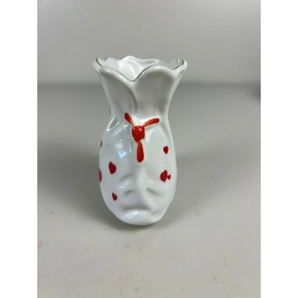 Lefton China Vintage Heart Drawstring Bag Porcelain Vase Hand Painted Japan